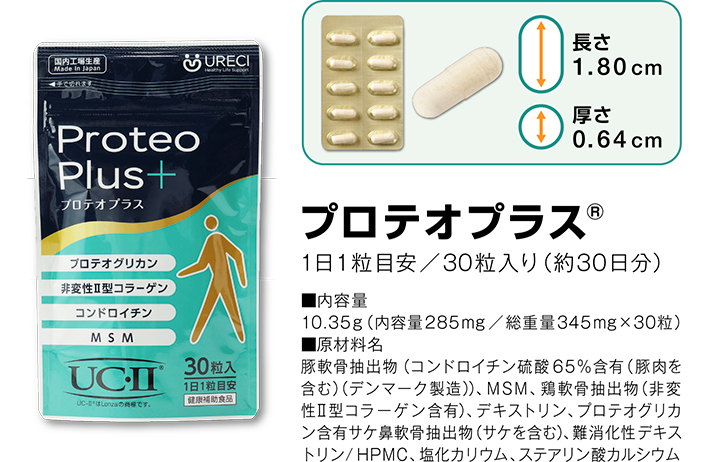 プロテオプラス 1日1粒目安/30粒入り(約30日分) ■内容量 10.35g(内容量285mg/総重量345mg×30粒) ■原材料名 豚軟骨抽出物(コンドロイチン硫酸65%含有(豚肉を含む)(デンマーク製造))、MSM、鶏軟骨抽出物(非変性II型コラーゲン含有)、デキストリン、プロテオグリカン含有サケ鼻軟骨抽出物(サケを含む)、難消化性デキストリン / HPMC、塩化カリウム、ステアリン酸カルシウム