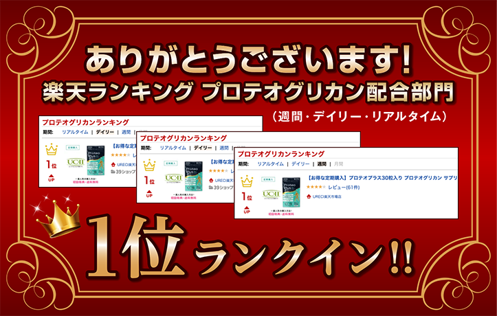 ありがとうございます！ 楽天ランキング プロテオグリカン配合部門 1位ランクイン！