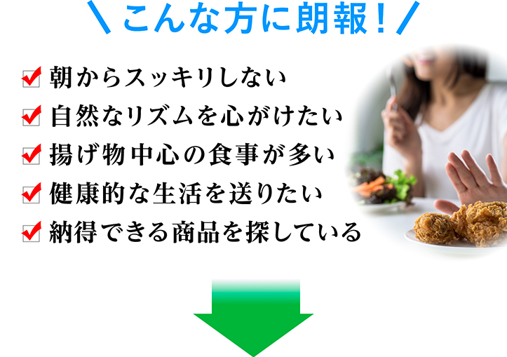 こんな方に朗報 朝からスッキリしない 自然なリズムを心がけたい 揚げ物中心の食事が多い 健康的な生活を送りたい 納得できる商品を探している