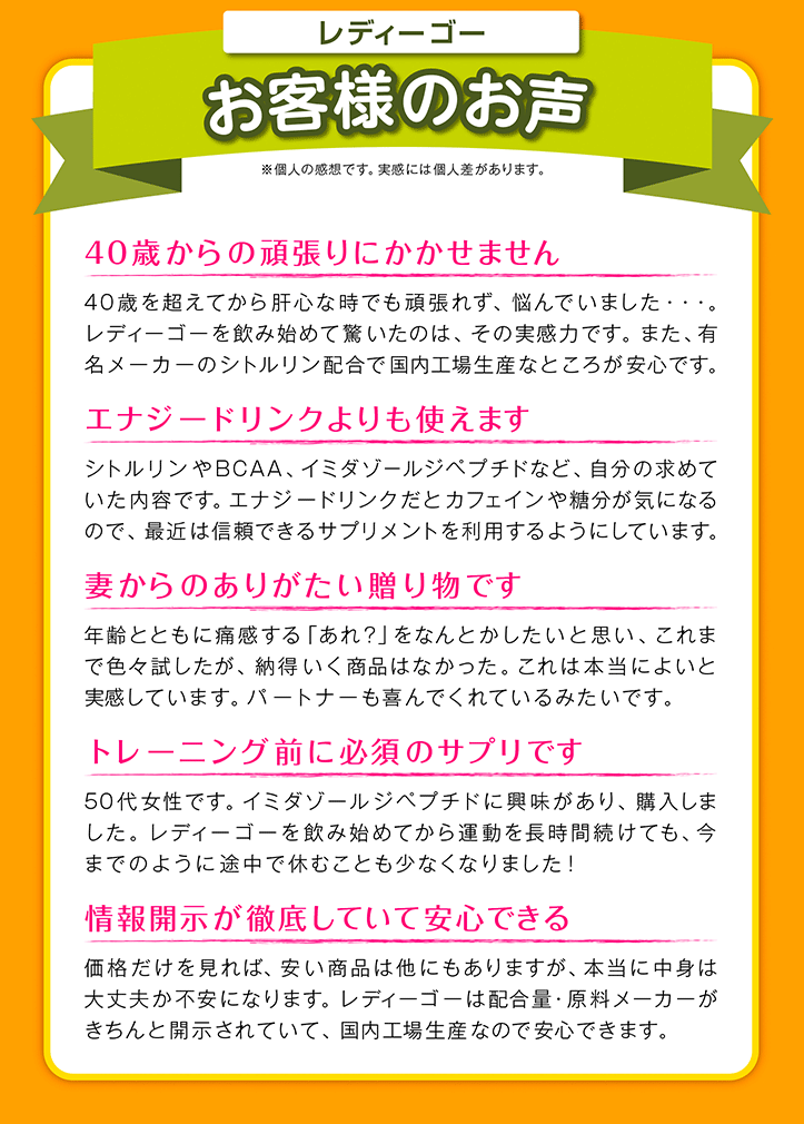 レディーゴー お客様のお声 40歳からの頑張りにかかせません 40歳を超えてから肝心な時でも頑張れず、悩んでいました・・・。レディーゴーを飲み始めて驚いたのは、その実感力です。また、有名メーカーのシトルリン配合で国内工場生産なところが安心です。 エナジードリンクよりも使えます シトルリンやBCAA、イミダゾ－ルジペプチドなど、自分の求めていた内容です。エナジードリンクだとカフェインや糖分が気になるので、最近は信頼できるサプリメントを利用するようにしています。 妻からのありがたい贈り物です 年齢とともに痛感する「あれ?｣をなんとかしたいと思い、これまで色々試したが、納得いく商品はなかった。これは本当によいと実感しています。パートナーも喜んでくれているみたいです。 トレーニング前に必須のサプリです 50代女性です。イミダゾールジペプチドに興味があり、購入しました。レディーゴーを飲み始めてから運動を長時間続けても、今までのように途中で休むことも少なくなりました！ 情報開示が徹底していて安心できる 価格だけを見れば、安い商品は他にもありますが、本当に中身は大丈夫か不安になります。レディーゴーは配合量・原料メーカーがきちんと開示されていて、国内工場生産なので安心できます。